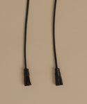 A black leather cord belt with tassel ends, laid flat on a solid beige background.