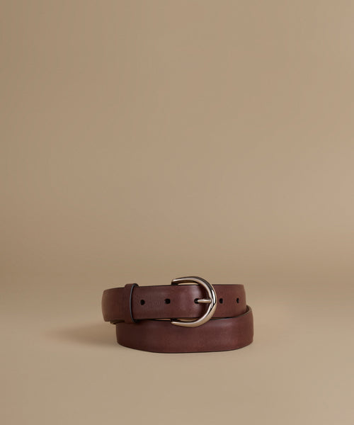A dark brown leather belt with a silver-tone metal buckle, neatly coiled on a solid beige background.