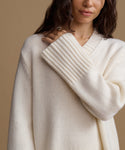 A close-up of a woman wearing a cream-colored knit sweater with a wide ribbed collar and long sleeves, set against a solid warm beige background.