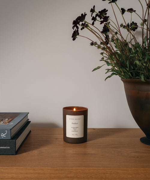 A lit Amber scented candle in a dark brown glass jar sits on a wooden table, styled with books on the left and a potted plant on the right against a neutral gray wall.