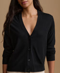 A woman wearing a black long-sleeve V-neck button-up cardigan sweater, shown from the chest up against a solid warm beige background.