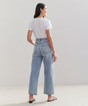 A person stands facing away, wearing a white t-shirt, black sandals, and the Ren Jean—high-waisted vintage jeans. The background is plain and light-colored.