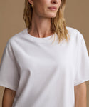 A close-up of a woman wearing a plain white short-sleeve crewneck t-shirt against a solid beige background.