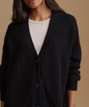 A close-up of a model wearing a black ribbed knit cardigan over a cream-colored crewneck top, set against a solid warm beige background.