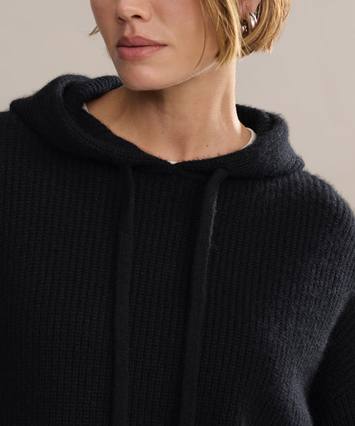 Close-up shot of cashmere fisherman hoodie.