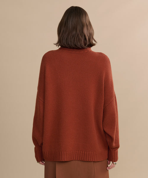 A person with shoulder-length brown hair, seen from behind, wears the Cashmere Porter Turtleneck and a brown skirt, standing against a plain beige background.