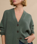 A woman with short blonde hair wears the Cropped Cashmere Cocoon Cardigan, featuring large dark buttons, over blue jeans. She stands against a beige background with her left hand in her pocket, face partially out of frame.