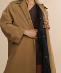 Someone models the McCall Trench Coat, a water-resistant tan coat with a dark quilted lining, holding it open to reveal a brown sweater underneath. Gold necklace and rings complete the look; their face remains unseen.