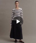 Thumbnail for video: Model wearing Cooper Cardigan in Ivory Black Stripe.