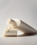 A white tube of Renew Face Polish lies on its side with the cap off, a small amount of pale cream—made with upcycled pineapple exfoliants—oozing onto the cap against a plain, light background.