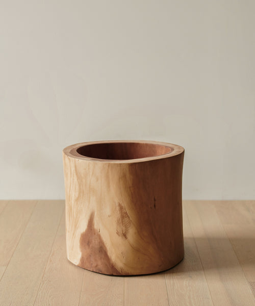 The Ranch Planter, crafted from natural Suar wood with a hollow center, sits on a light wood floor against a pale wall, adding rustic charm to any room.
