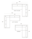 Line drawings of three Harbor Sectional layouts—right-facing, left-facing, and corner. Each L-shaped sofa measures 120 x 96 or 96 x 96, with seat and back cushions in refined Belgian flax linen upholstery.