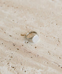 The Gemma Signet Ring, crafted in white gold with a plain round face, lies on a beige textured stone—an understated piece from Jenni Kayne Jewelry.